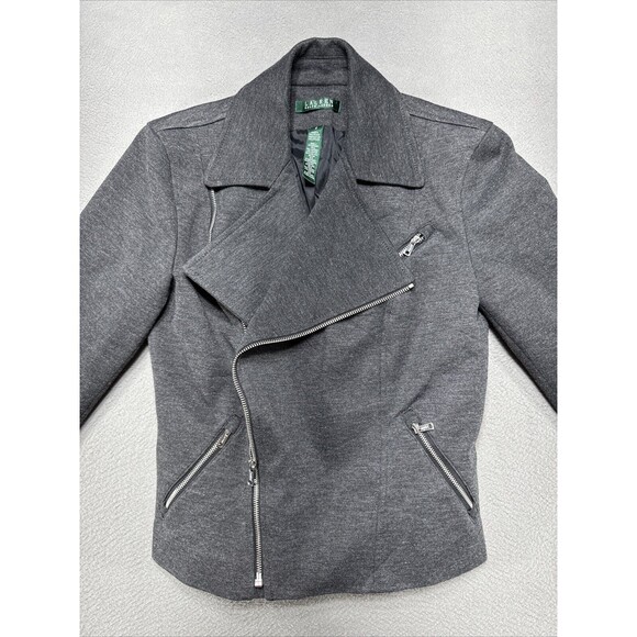Lauren Ralph Lauren Jacket Womens Small Gray Herringbone Moto Biker Wool Blend - Picture 4 of 14